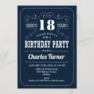 18th Birthday Party - Navy White Invitation