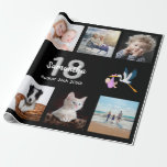 18th birthday party photo collage woman black wrapping paper<br><div class="desc">For a 18th birthday party for a woman,  celebrating her life with a collage of 10 of your own photos.  Photo of family,  friends,  pets,  vacations. Templates for a name and the age 18 and a date.  White and grey coloured letters.  Elegant black background.</div>