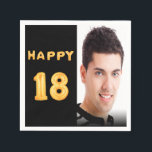 18th birthday party photo gold balloons napkin<br><div class="desc">A napkin for guys 18th birthday party. Template for your photo.  Black background and the tex: Happy 18.  The text is written with a trendy faux gold balloon script.</div>