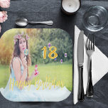 18th birthday party photo gold script paper plate<br><div class="desc">A napkin for a 18th years old girl's birthday party with the number 18 and the text Happy Birthday in faux gold. Template for your photo of the birthday girl.</div>
