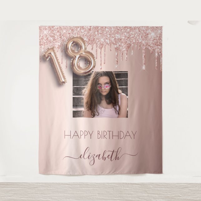 18th birthday party photo rose gold glitter pink tapestry (Front)