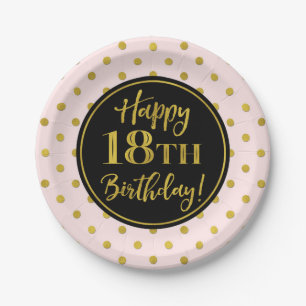 18th Birthday Party Pink Black Gold Dots Paper Pla Paper Plate