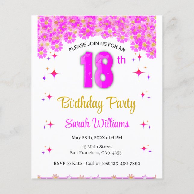 18th Birthday Party- Pink Invitation Flyer (Front)