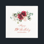 18th Birthday Party Pink Red Floral Custom Napkin<br><div class="desc">Pretty red roses and blush pink peonies decorate this 18th birthday party cocktail napkin. A lovely floral arrangement decorates the top. Elegant calligraphy spells out Happy 18th Birthday. The birthday celebrant's name is below. This item is part of the Red Rose and Pink Peony collection. It contains professionally designed invitation...</div>