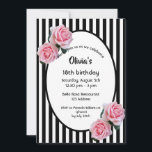 18th birthday party pink roses black white stripes invitation<br><div class="desc">Classic slim black and white vertical stripes as background.  With pink roses as decoration.  An oval frame with templates for your party information.
 A girly,  feminine and elegant 18th birthday party invitation.</div>