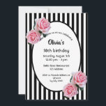 18th birthday party pink roses black white stripes invitation<br><div class="desc">Classic slim black and white vertical stripes as background.  With pink roses as decoration.  An oval frame with templates for your party information.
 A girly,  feminine and elegant 18th birthday party invitation.</div>