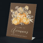 18th Birthday Party Pumpkin Fall Flower Welcome Pedestal Sign<br><div class="desc">Elegant watercolor orange pumpkins are nestled in a variety of fall foliage and flowers. A dark,  rich brown background frames it to perfection. Perfect for an autumn celebration.</div>