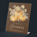 18th Birthday Party Pumpkin Fall Flower Welcome Pedestal Sign<br><div class="desc">Elegant watercolor orange pumpkins are nestled in a variety of fall foliage and flowers. A dark,  rich brown background frames it to perfection. Perfect for an autumn celebration.</div>