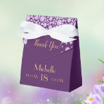 18th birthday party puple gold thank you name favor box<br><div class="desc">An elegant and glamourous 18th birthday favour box.  Purple backdrop and ultra violet,  lavender coloured faux diamonds. With the text: Thank You!  Templates for a name,  date of birth and date of anniversary and age number. Golden letters.</div>