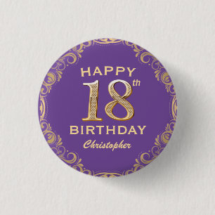 18th Birthday Party Purple and Gold Glitter Frame 1 Inch Round Button