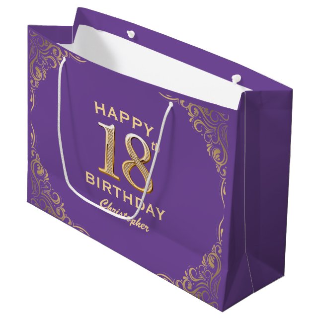 18th Birthday Party Purple and Gold Glitter Frame Large Gift Bag (Front Angled)