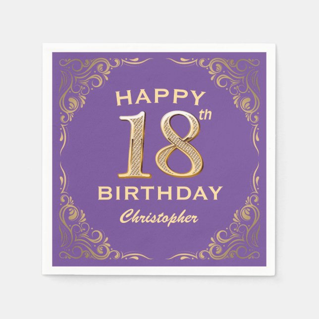 18th Birthday Party Purple and Gold Glitter Frame Napkin (Front)