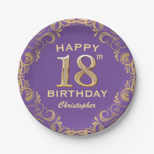 18th Birthday Party Purple and Gold Glitter Frame Paper Plate