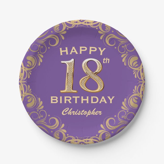 18th Birthday Party Purple and Gold Glitter Frame Paper Plate (Front)