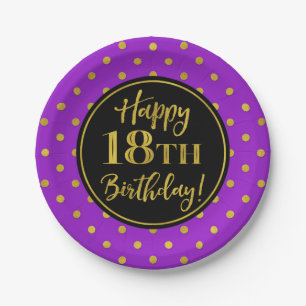 18th Birthday Party Purple Black Gold Dots Paper Plate