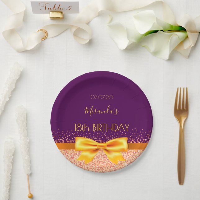 18th birthday party purple gold elegant bow name paper plate (Wedding)