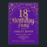 18th Birthday Party - Purple & Gold Invitation<br><div class="desc">18th Birthday Party Invitation.
Elegant design in royal purple and faux glitter gold. Features stylish script font and confetti. Message me if you need custom age.</div>