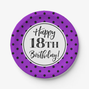 18th Birthday Party Purple White Black Dots Paper Plate