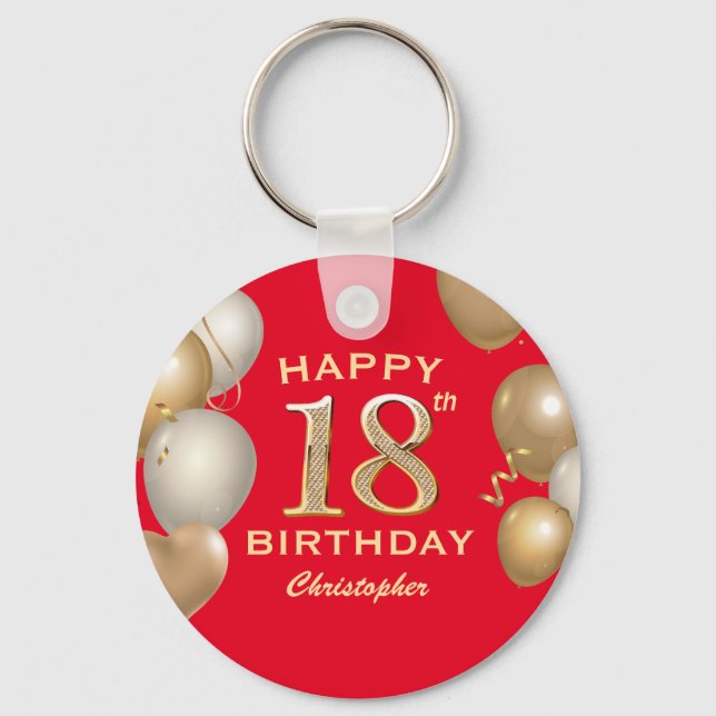 18th Birthday Party Red and Gold Balloons Keychain (Front)