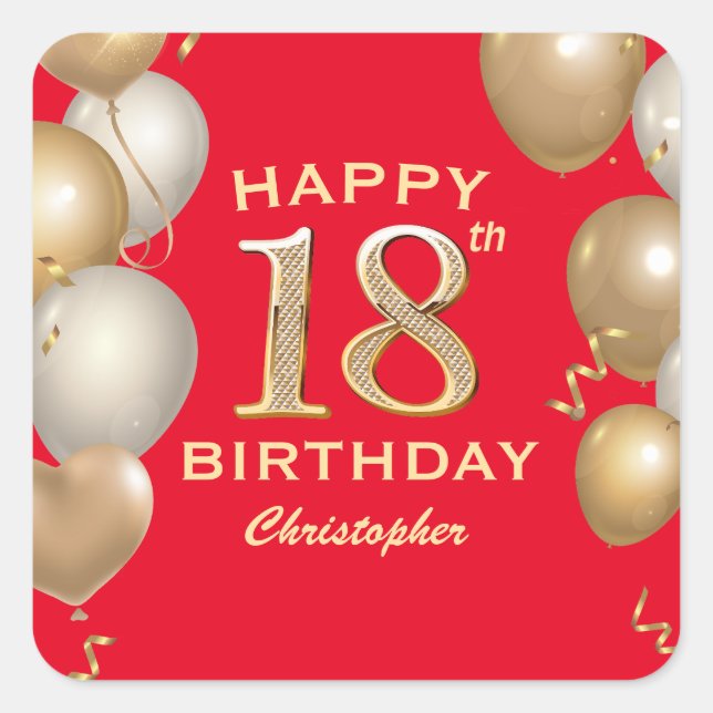 18th Birthday Party Red and Gold Balloons Square Sticker (Front)