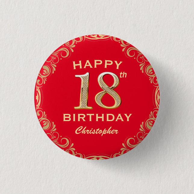 18th Birthday Party Red and Gold Glitter Frame 1 Inch Round Button (Front)