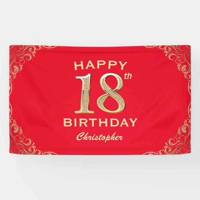 18th Birthday Party Red and Gold Glitter Frame Banner (Horizontal)