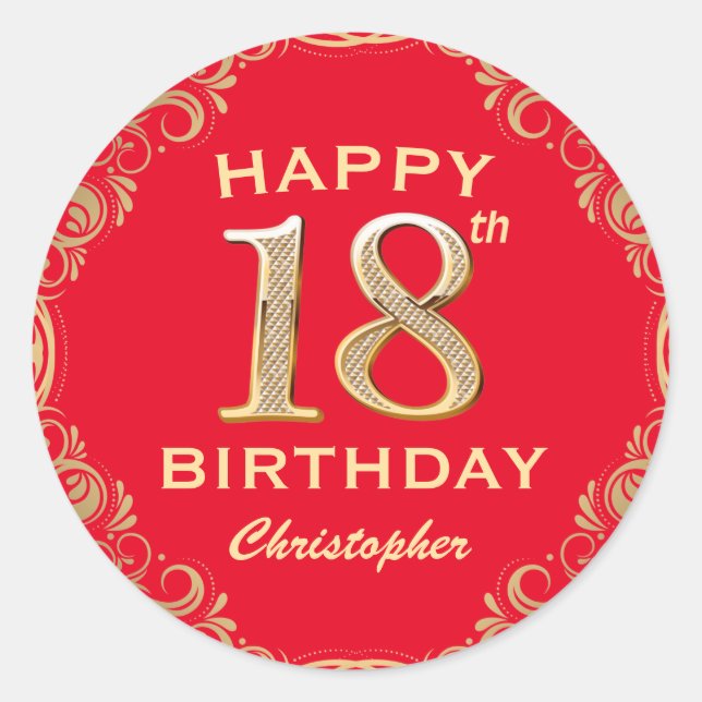 18th Birthday Party Red and Gold Glitter Frame Classic Round Sticker (Front)