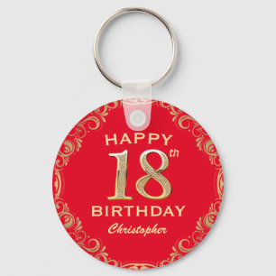 18th Birthday Party Red and Gold Glitter Frame Keychain