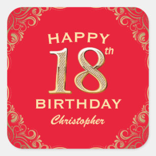 18th Birthday Party Red and Gold Glitter Frame Square Sticker