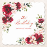 18th Birthday Party Red Pink Floral Custom Paper Coaster<br><div class="desc">Pretty red roses and blush pink peonies decorate this 18th birthday party custom paper coaster. Two lovely floral arrangements decorate two corners. Elegant calligraphy spells out 18th birthday, with birthday celebrant's name is below. This item is part of the Red Rose and Pink Peony collection. It contains professional designed invitation...</div>