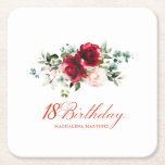 18th Birthday Party Red Pink Floral Custom Square Paper Coaster<br><div class="desc">Pretty red roses and blush pink peonies decorate this 18th birthday party custom paper coaster. A lovely floral arrangement runs across the top. Elegant calligraphy spells out 19th birthday, with birthday celebrant's name below. This item is part of the Red Rose and Pink Peony collection. It contains professionally designed invitation...</div>