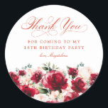 18th Birthday Party Red Pink Floral Thank You Classic Round Sticker<br><div class="desc">Add a special touch to your 18th birthday party favours with this elegant round thank you sticker. It features a watercolor red rose and pink peony floral border along the bottom. Dark green leaves give it a rustic botanical vibe. Thank you is written in a beautiful classic script. Two lines...</div>