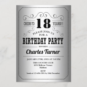18th Birthday Party - Retro Silver Black Invitation
