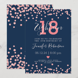 18th Birthday Party Rose Gold Glam Glitter Navy  Invitation