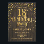18th Birthday Party - Rustic Wood & Gold Invitation<br><div class="desc">18th Birthday Party Invitation.
Elegant design in faux glitter gold and dark brown rustic wood pattern. Features stylish script font and confetti. Message me if you need custom age.</div>