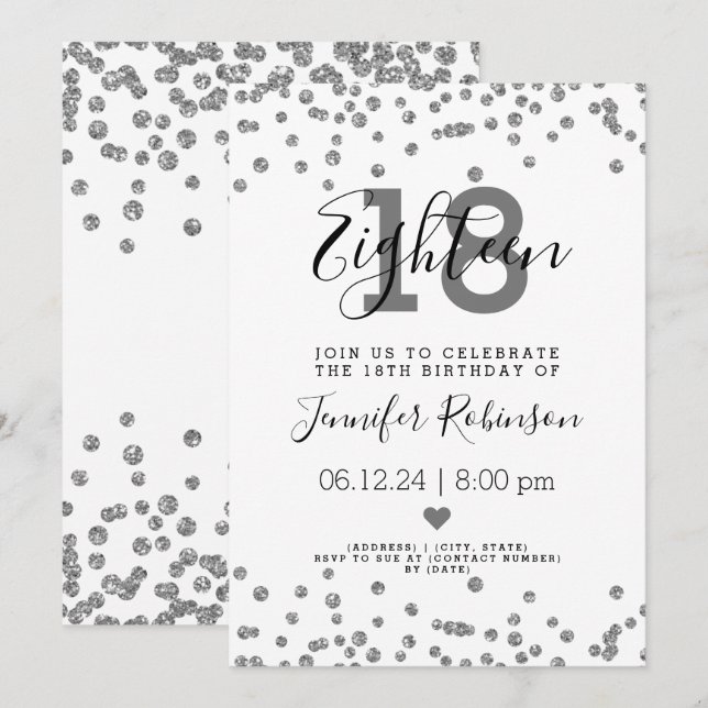 18th Birthday Party Silver Glam Glitter Confetti  Invitation (Front/Back)