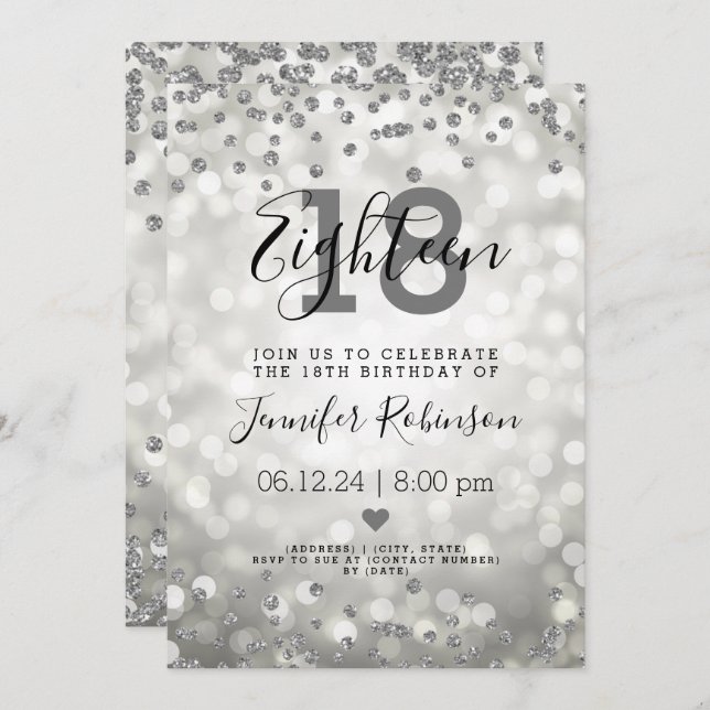 18th Birthday Party Silver Glam Glitter Lights Invitation (Front/Back)