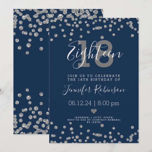 18th Birthday Party Silver Glitter Confetti Navy  Invitation (Front/Back)