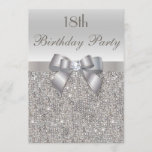 18th Birthday Party Silver Sequins, Bow & Diamond Invitation<br><div class="desc">18th birthday party invitations. Elegant custom silver eighteenth Birthday Party invitations for teenage girls with a pretty silver printed sequins pattern, a cute silver bow and ribbon image and printed diamond bling jewel. These sophisticated, classy, stylish, glamourous personalized invites are decorated on both sides. Beautiful, chic, trendy, modern invitations. Please...</div>