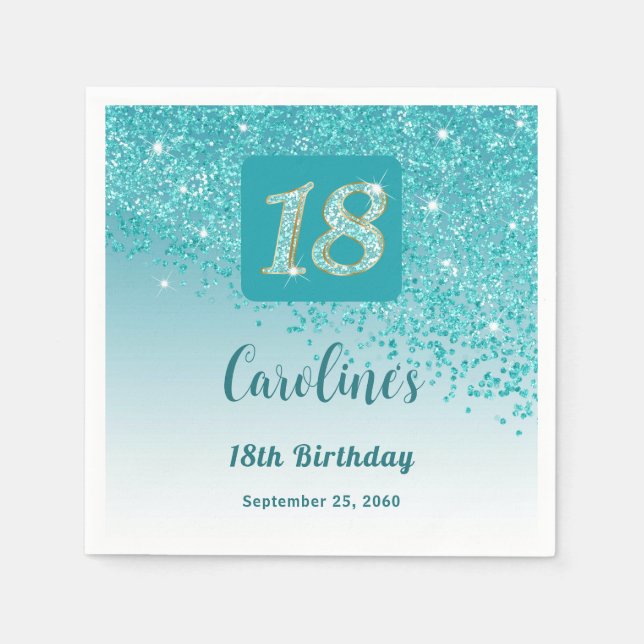 18th Birthday Party Sparkle Teal Blue Glitter Napkin (Front)