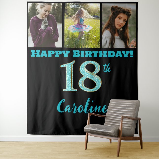 18th Birthday Party, Teal Blue Glitter & 3 photos Tapestry (In Situ)