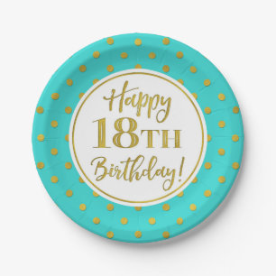 18th Birthday Party Turquoise White Gold Dots Paper Plate