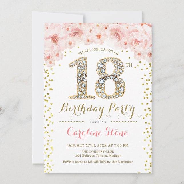 18th Birthday Party - White Gold Pink Invitation (Front)