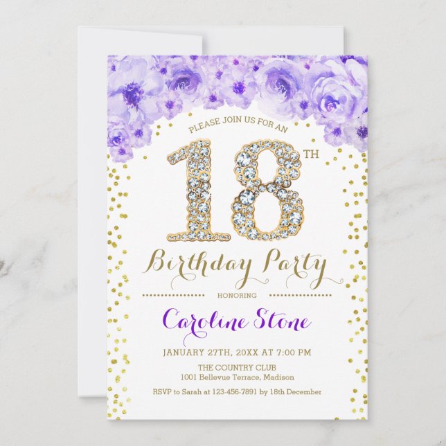18th Birthday Party - White Gold Purple Invitation (Front)