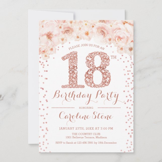 18th Birthday Party - White Rose Gold Invitation (Front)