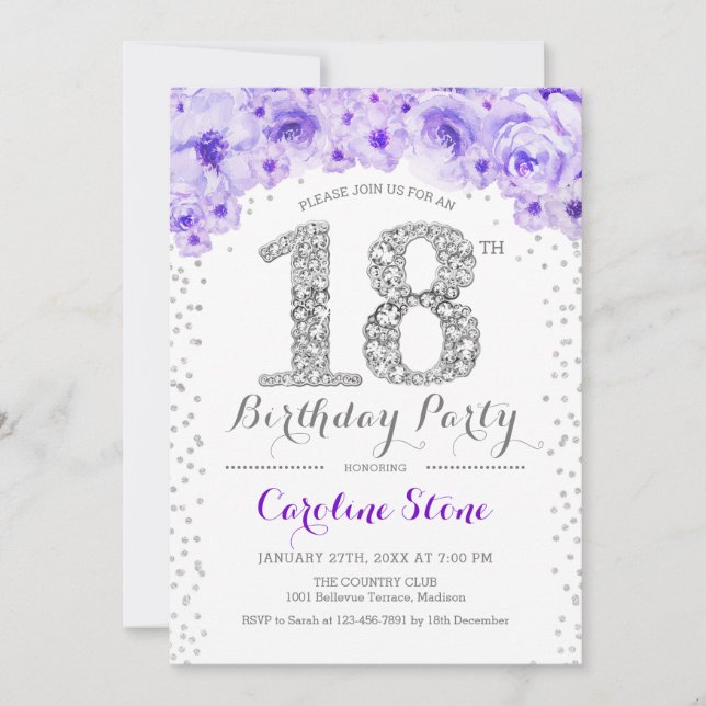 18th Birthday Party - White Silver Purple Invitation (Front)