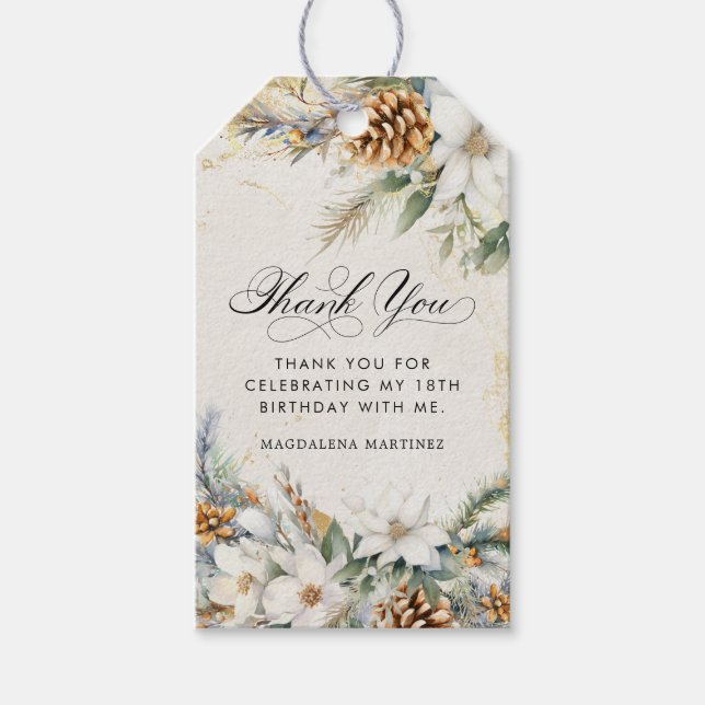 18th Birthday Party White Winter Floral Favour Gift Tags (Front)