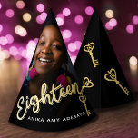 18th birthday personalized photo key to the door party hat<br><div class="desc">Add your own photo and name to this black and gold party hat. Ideal for 18th birthday party celebrations, add to your tables to help decorate the room and get everyone getting into the party fun and celebration! Simple black background with the photo of your choice and golden colour wording...</div>