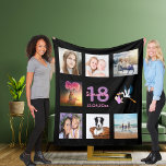 18th birthday photo collage girl black fleece blanket<br><div class="desc">A gift for a girl's 18th birthday,  celebrating her life with a collage of 8 of your photos.  Templates for a name,  age 18 and a date.  Date of birth or the date of the anniversary.  Pink and purple coloured letters.  Black coloured background.</div>