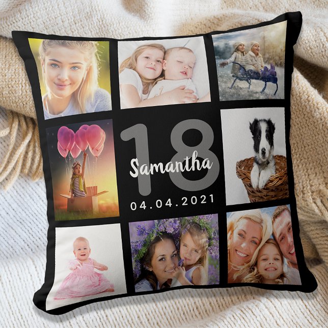 18th birthday photo collage girl black throw pillow (Creator Uploaded)